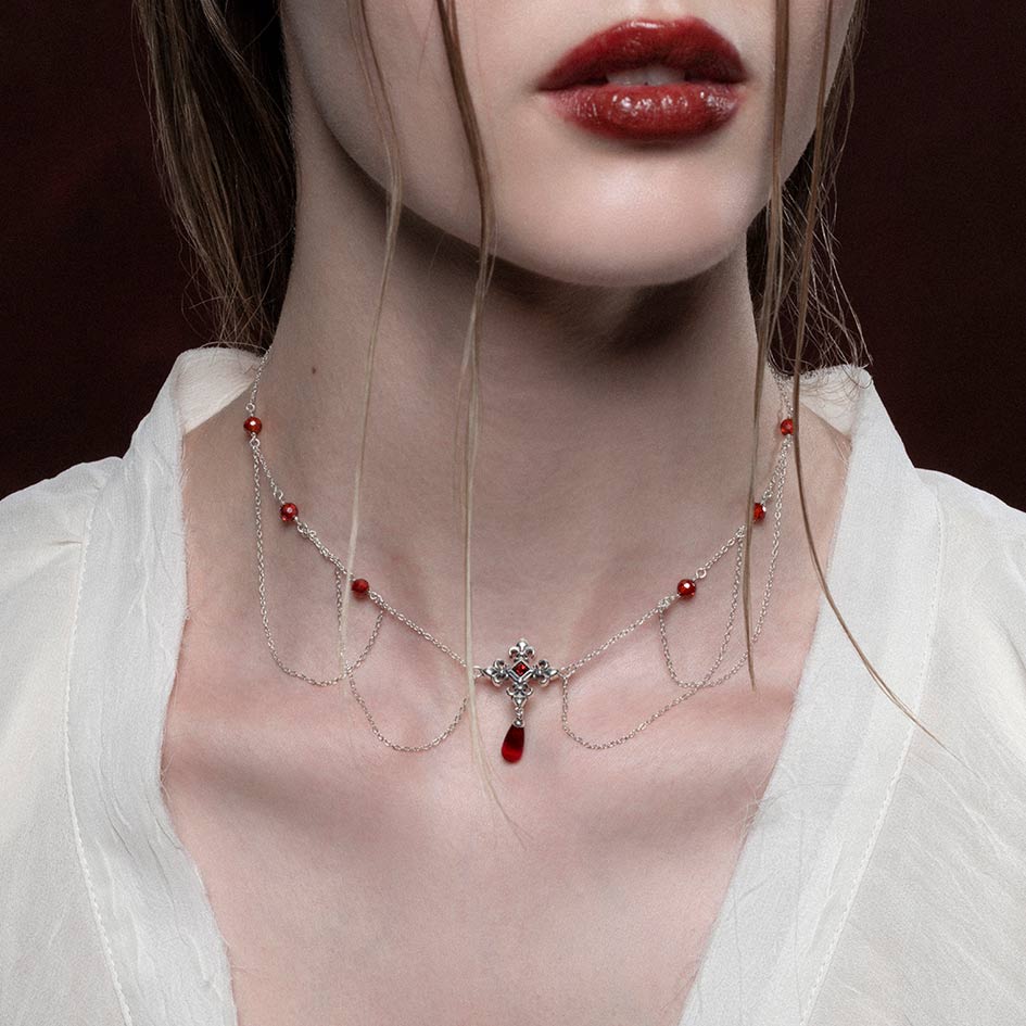 MUTINY. Fleur de Lis Multi-Drop Garnet Collar - Silver - Image 2