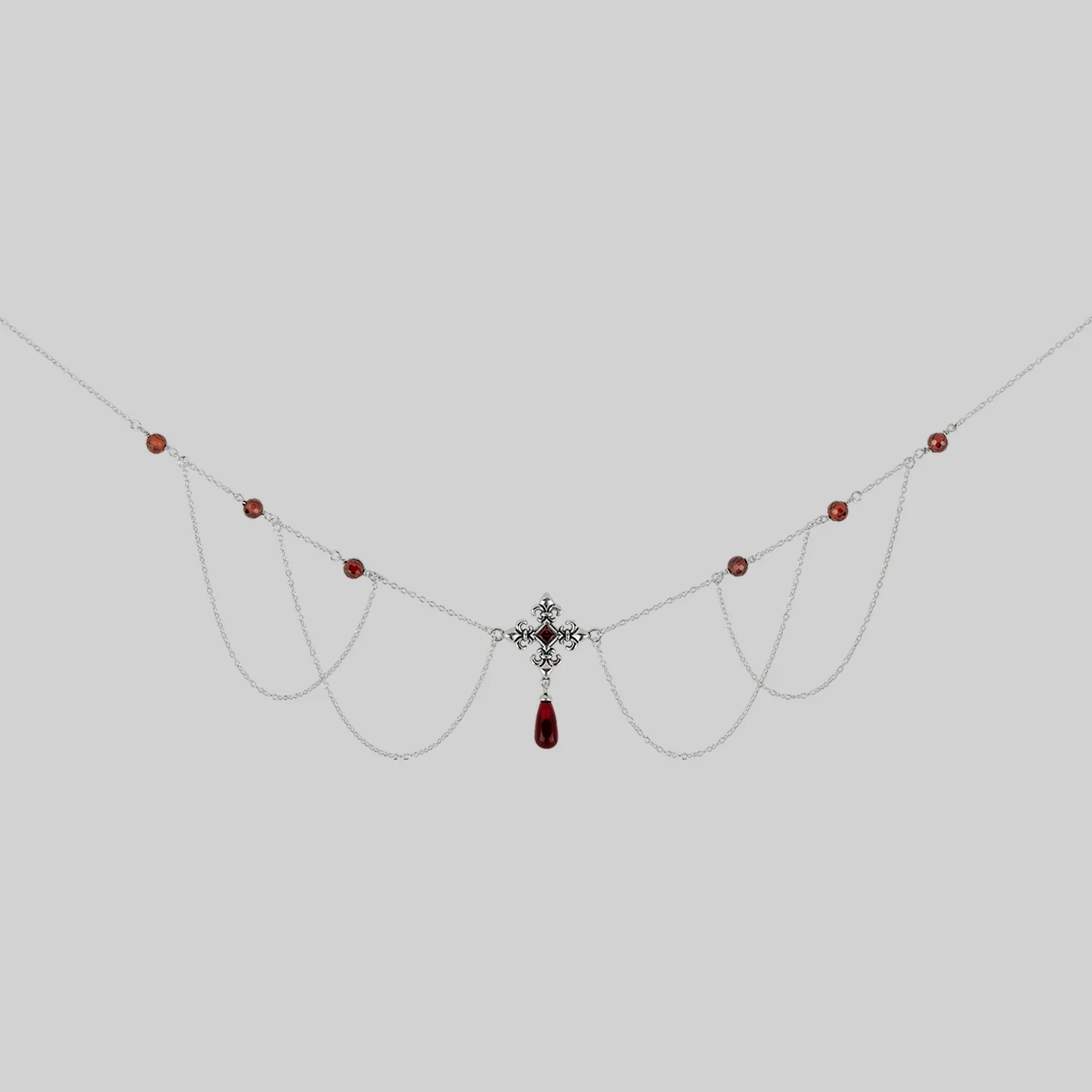 MUTINY. Fleur de Lis Multi-Drop Garnet Collar - Silver - Image 3