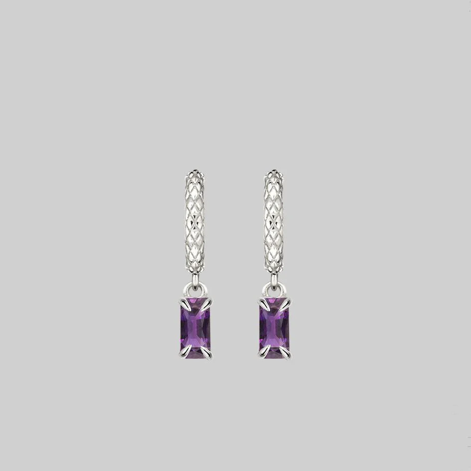 NYMPH. Dangly Amethyst Rectangle Hoop Earrings - Silver - Image 3
