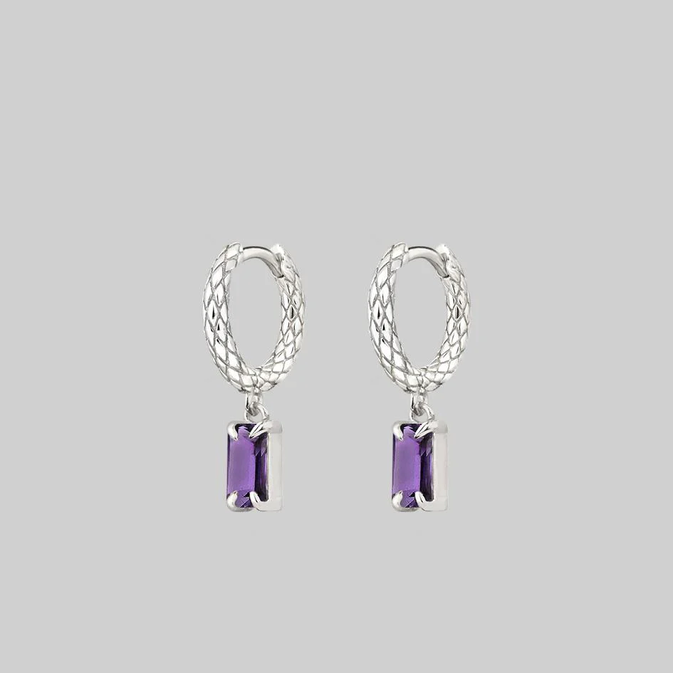 NYMPH. Dangly Amethyst Rectangle Hoop Earrings - Silver - Image 4
