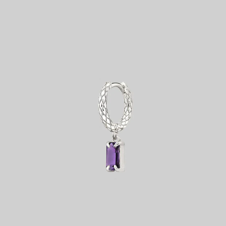 NYMPH. Dangly Amethyst Rectangle Hoop Earrings - Silver - Image 5