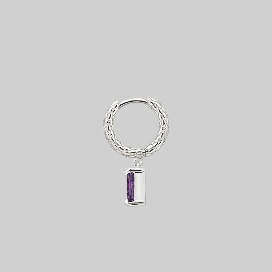 NYMPH. Dangly Amethyst Rectangle Hoop Earrings - Silver - Image 6