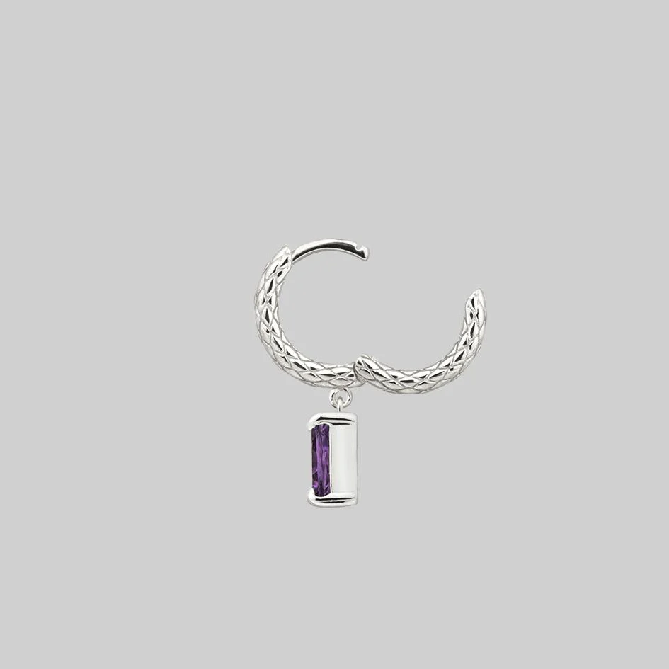 NYMPH. Dangly Amethyst Rectangle Hoop Earrings - Silver - Image 7