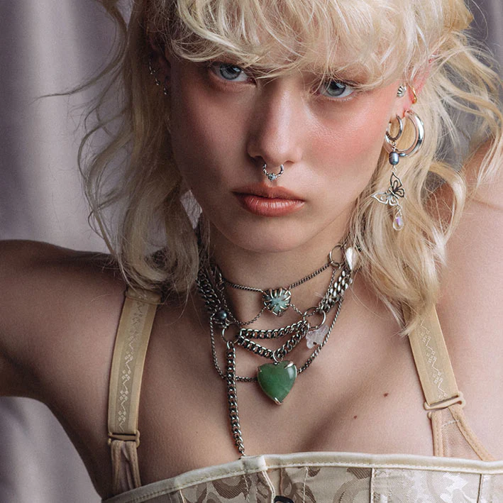 PIXI. Clawed Heart Gemstone Chain Choker - Silver - Image 2