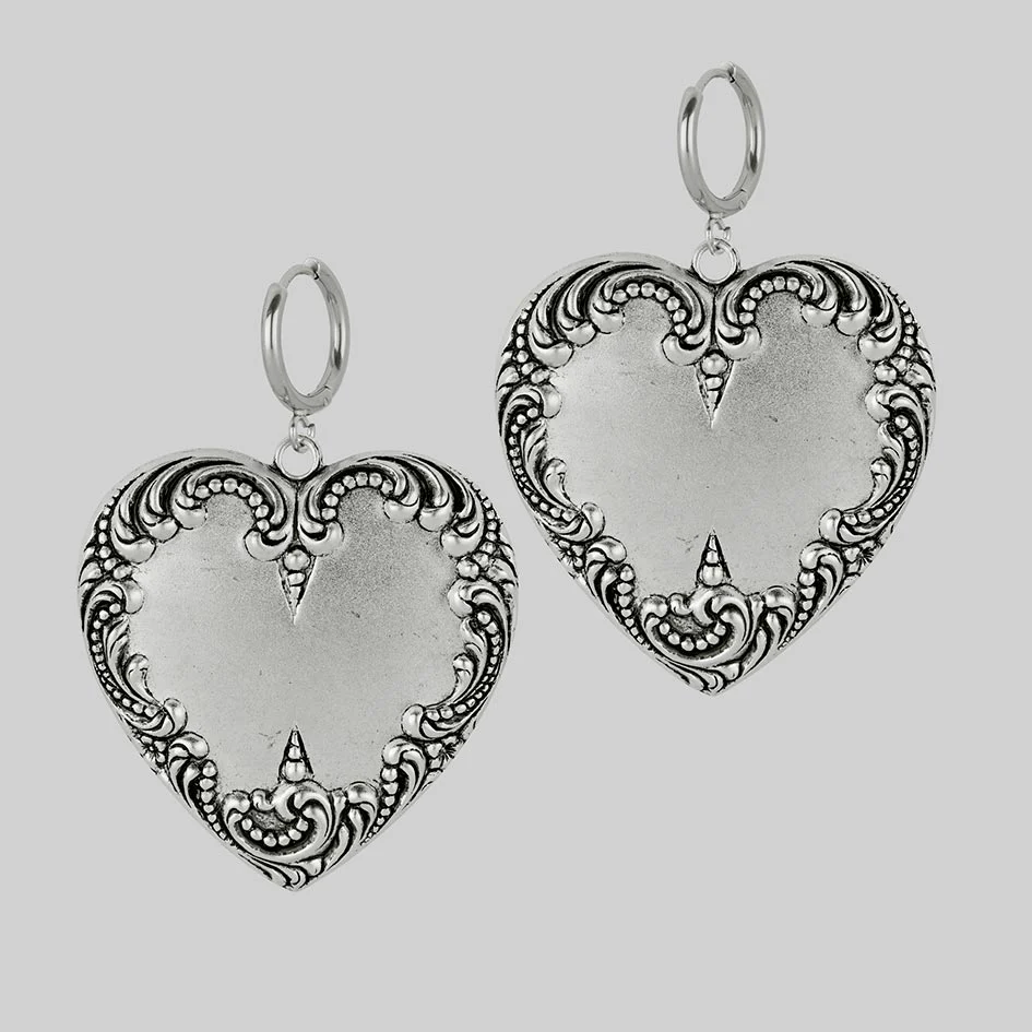 PORTRAIT. Ornate Heart Hoop Earrings - Silver - Image 2