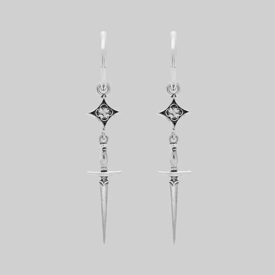 PUGIO. Gothic Dagger Hoop Earrings - Silver