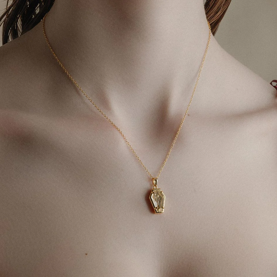 REBIRTH. Rose Under Glass™ Coffin Necklace - Gold - Image 2