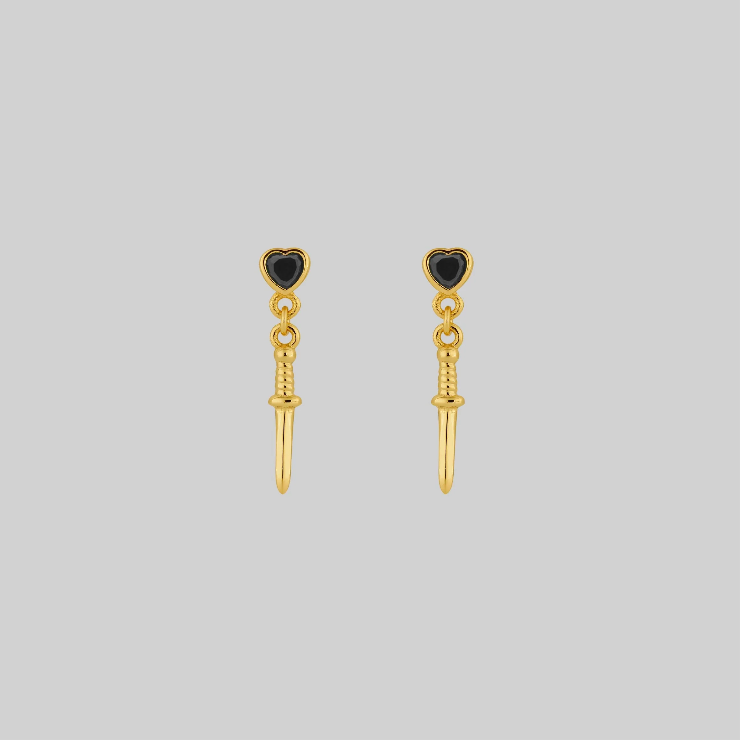 REIGN. Black Spinel Heart & Dagger Drop Earrings - Gold - Image 2