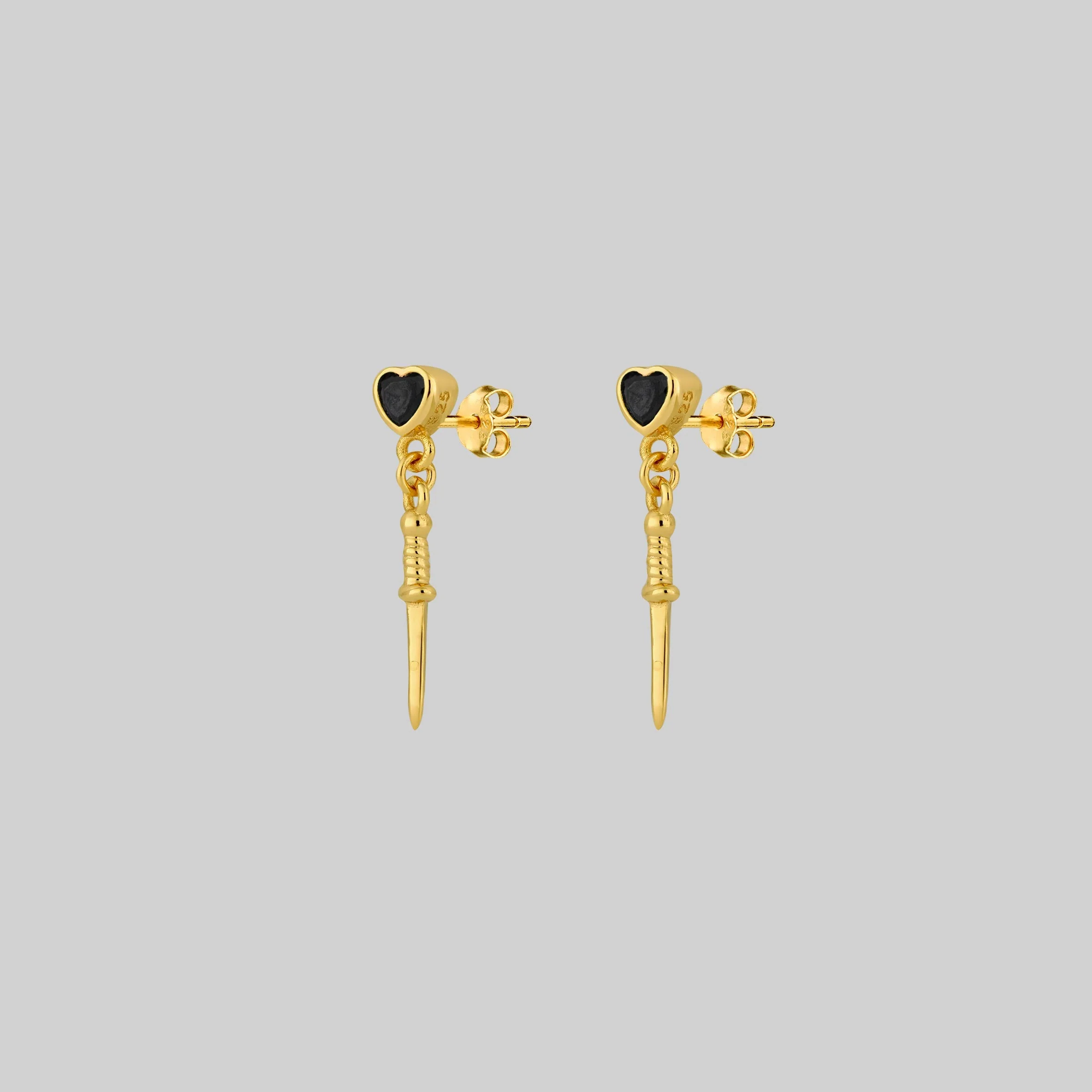 REIGN. Black Spinel Heart & Dagger Drop Earrings - Gold - Image 3