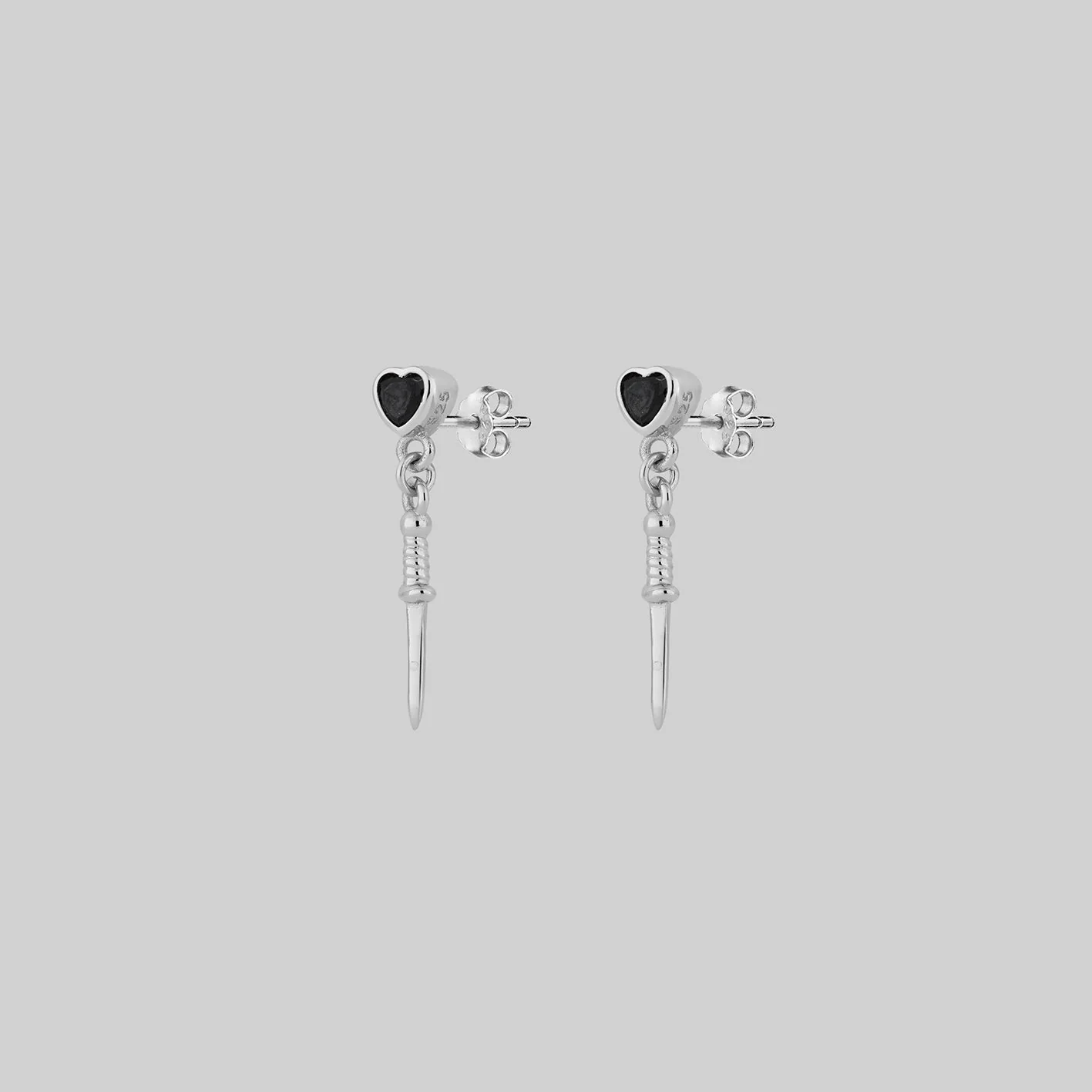 REIGN. Black Spinel Heart & Dagger Drop Earrings - Silver - Image 3