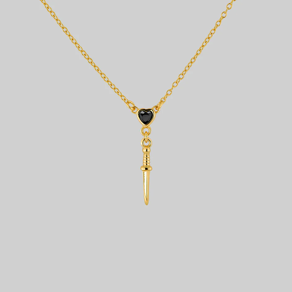 REIGN. Black Spinel Heart & Dagger Drop Necklace - Gold - Image 2