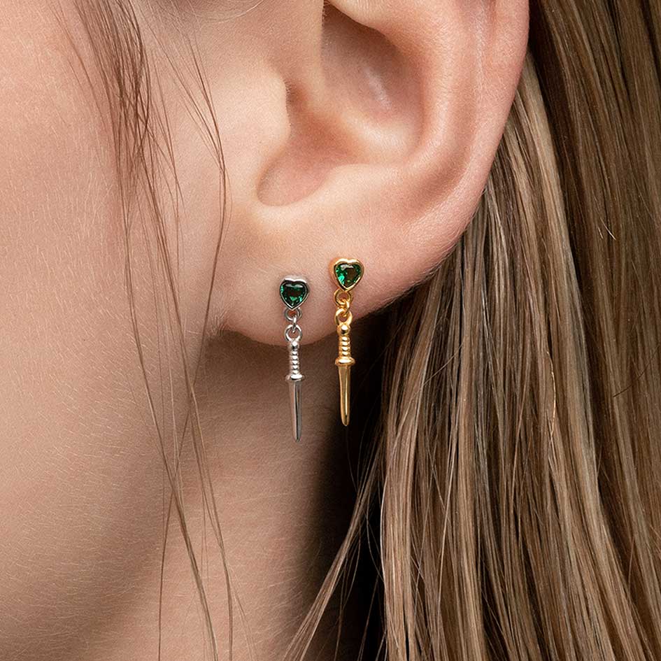 REIGN. Green Heart & Dagger Drop Earrings - Gold