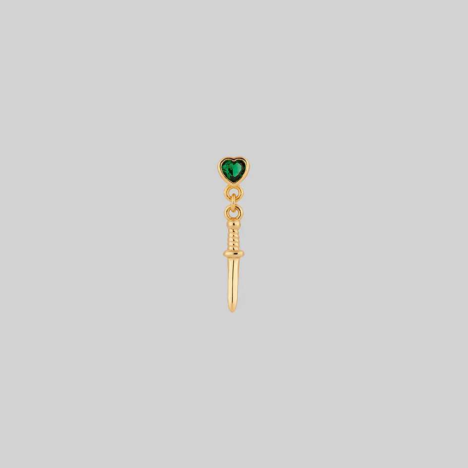REIGN. Green Heart & Dagger Drop Earrings - Gold - Image 2