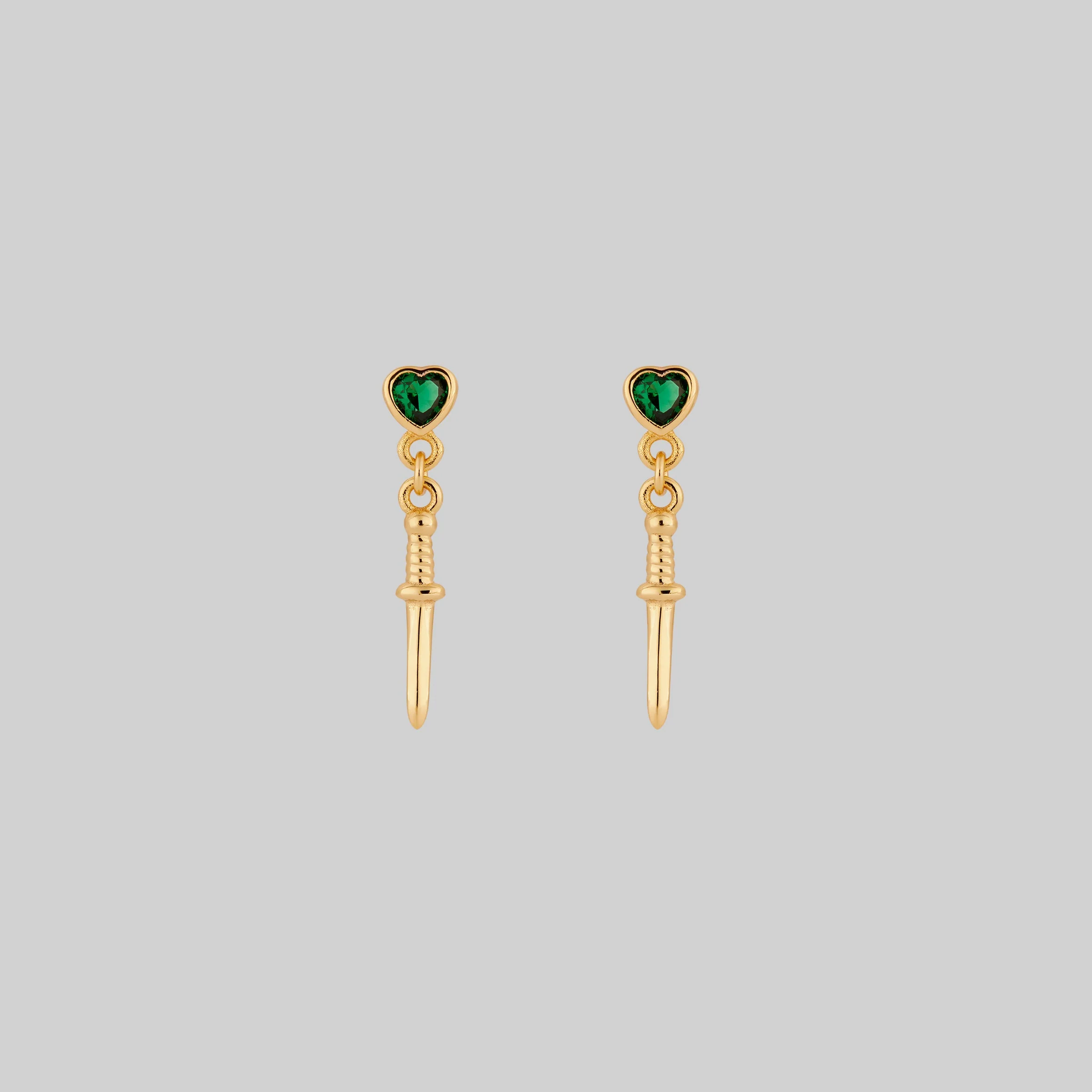 REIGN. Green Heart & Dagger Drop Earrings - Gold - Image 3