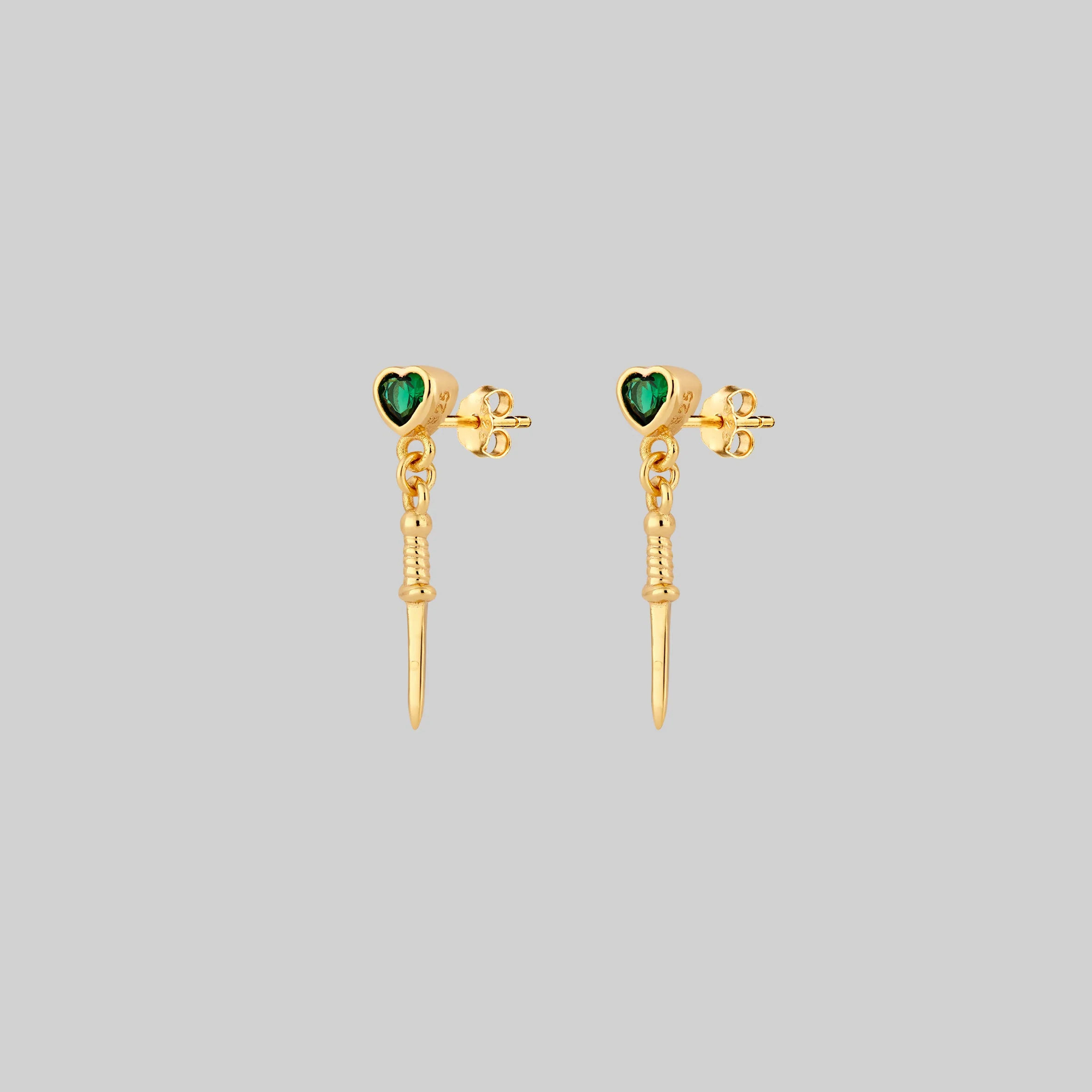REIGN. Green Heart & Dagger Drop Earrings - Gold - Image 4