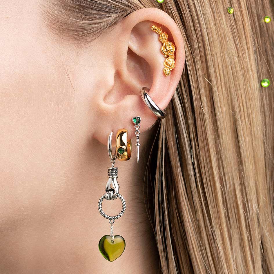 REIGN. Green Heart & Dagger Drop Earrings - Silver - Image 2