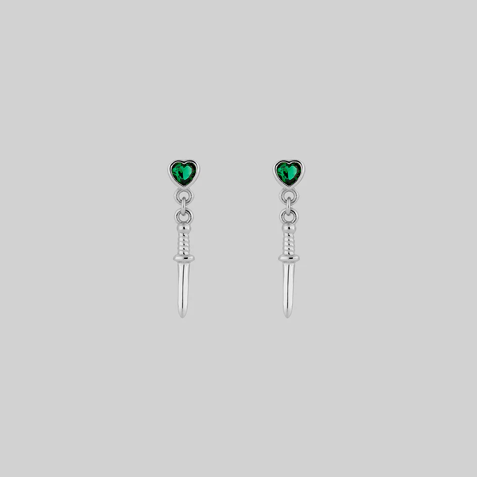 REIGN. Green Heart & Dagger Drop Earrings - Silver - Image 3
