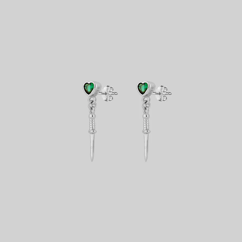 REIGN. Green Heart & Dagger Drop Earrings - Silver - Image 4