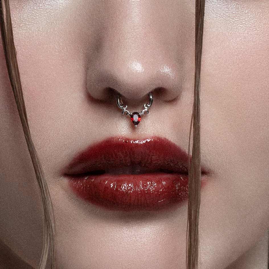 RELISH. Garnet Drop Septum Clicker Ring - Silver - Image 2