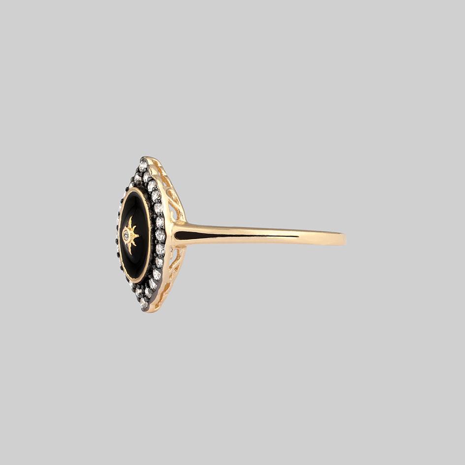 REVERENCE. Oval Black Enamel Crystal Gold Ring - Image 2