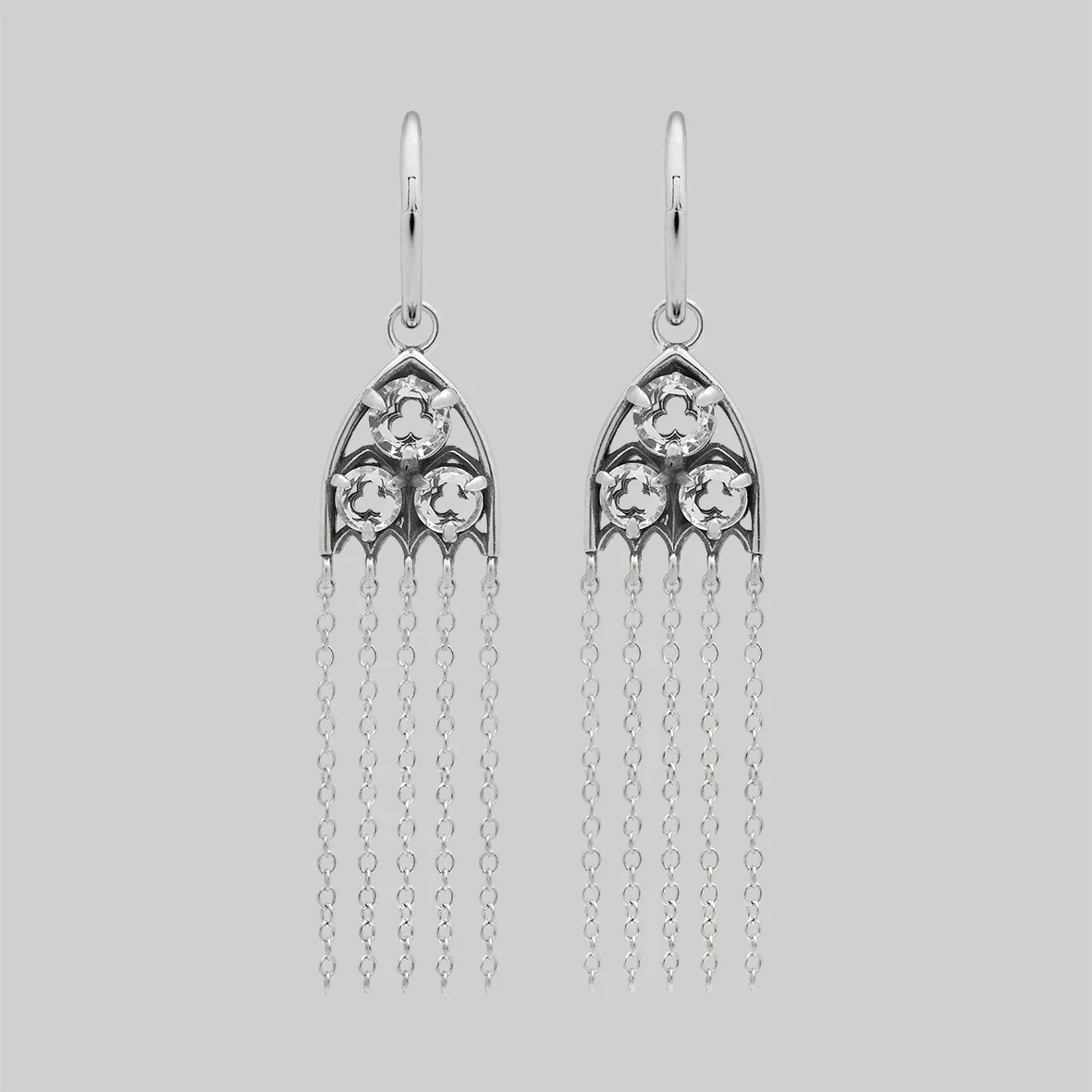 REVERENT. Gothic Window Glass Drop Earrings - Silver