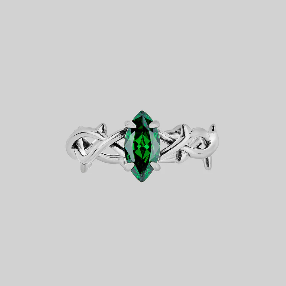 REVIVAL. Green CZ Thorn Band Ring - Silver - Image 2