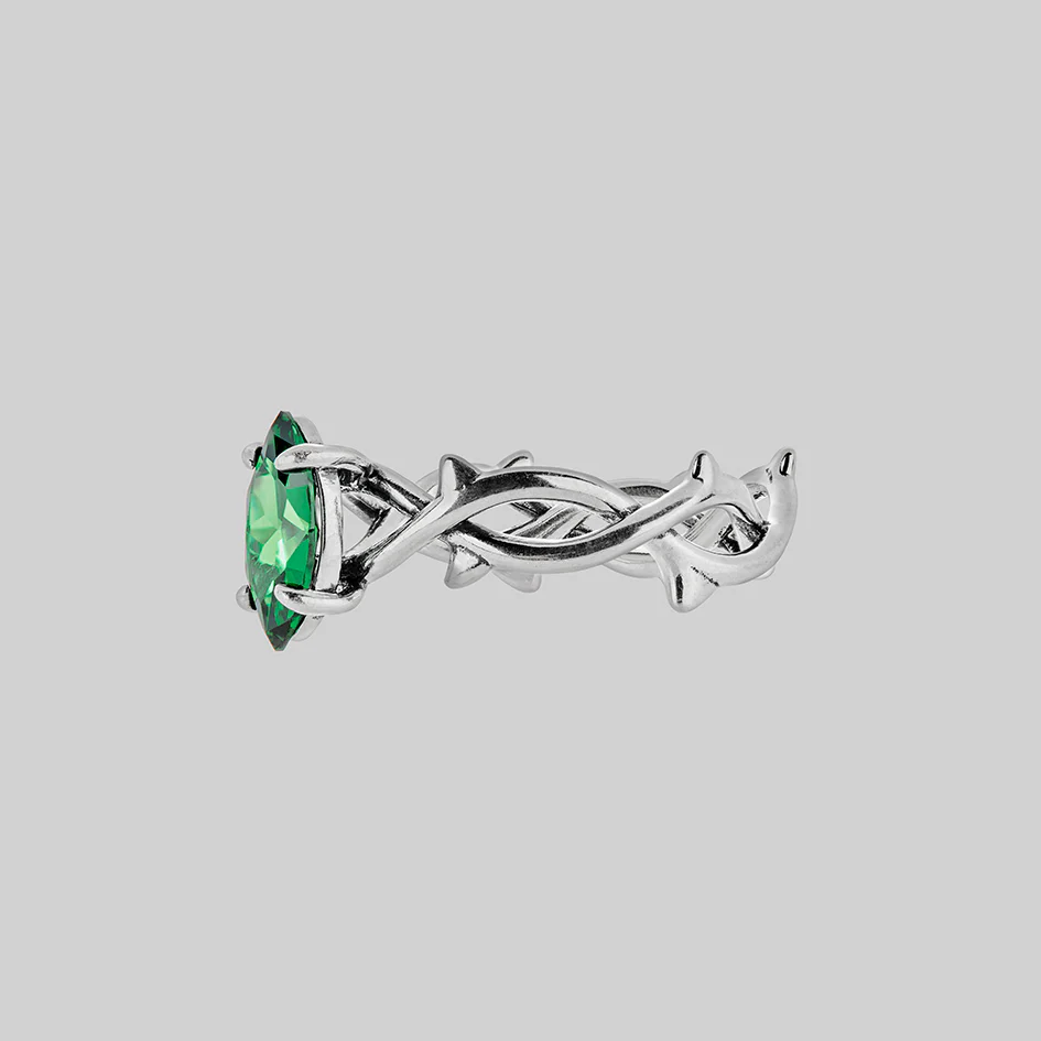 REVIVAL. Green CZ Thorn Band Ring - Silver - Image 3