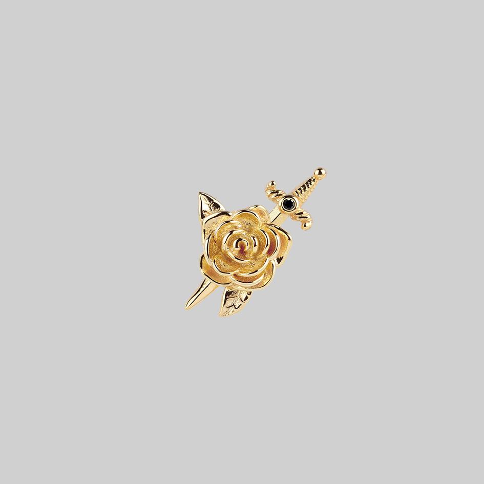 RHAPSODY. Dagger Through Rose Stud Earring - Gold - Image 3