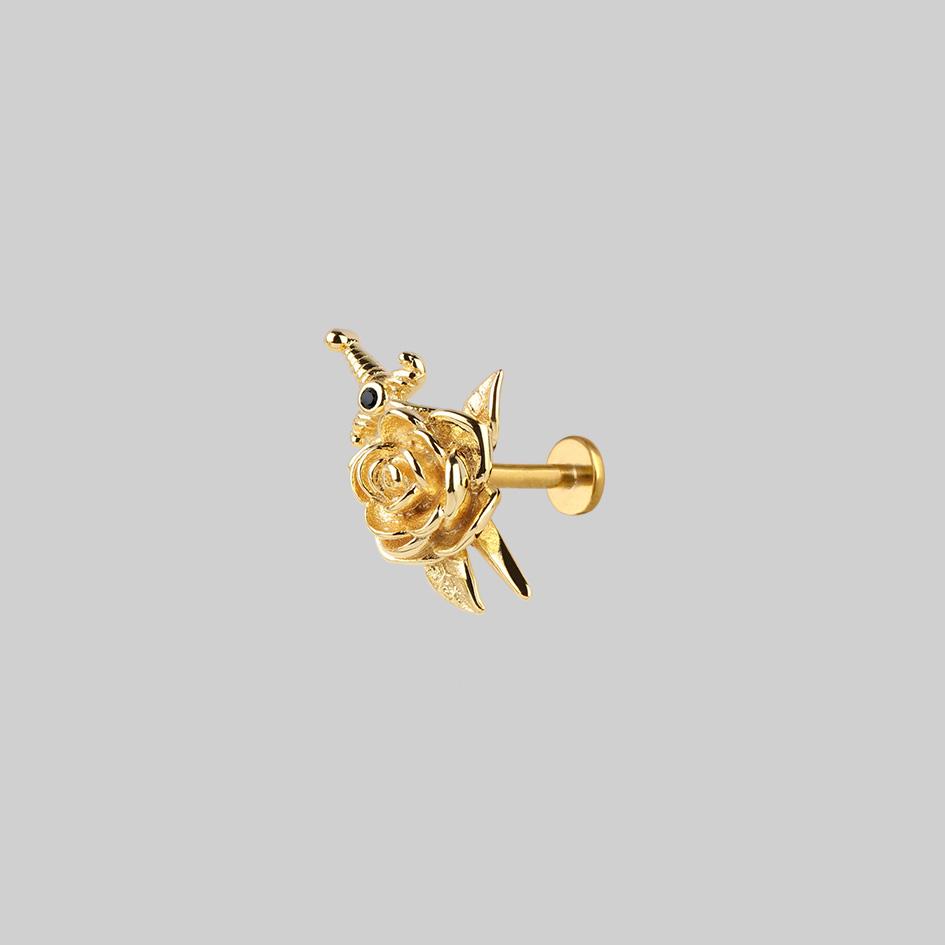 RHAPSODY. Dagger Through Rose Stud Earring - Gold - Image 4
