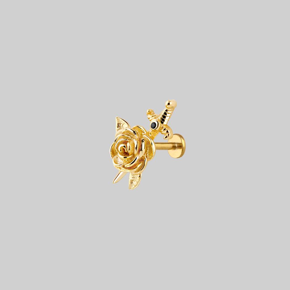 RHAPSODY. Dagger Through Rose Stud Earring - Gold - Image 5