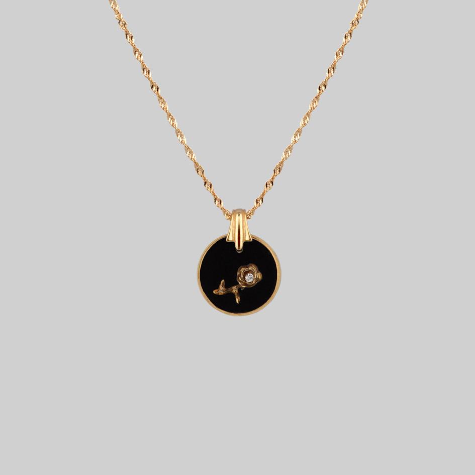 ROSE. Vintage Jet Black Glass Engraved Rose Pendant Necklace