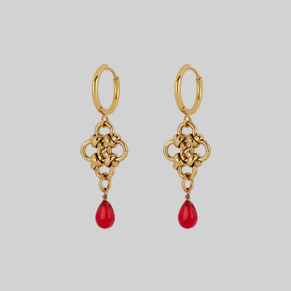RUBIOUS. Chainmail & Red Glass Hoop Earrings - Gold - Image 3