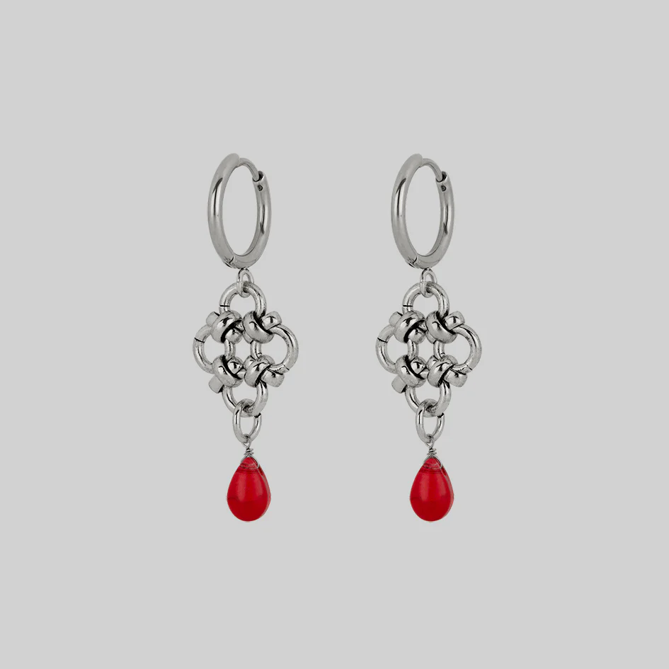 RUBIOUS. Chainmail & Red Glass Hoop Earrings - Silver - Image 3