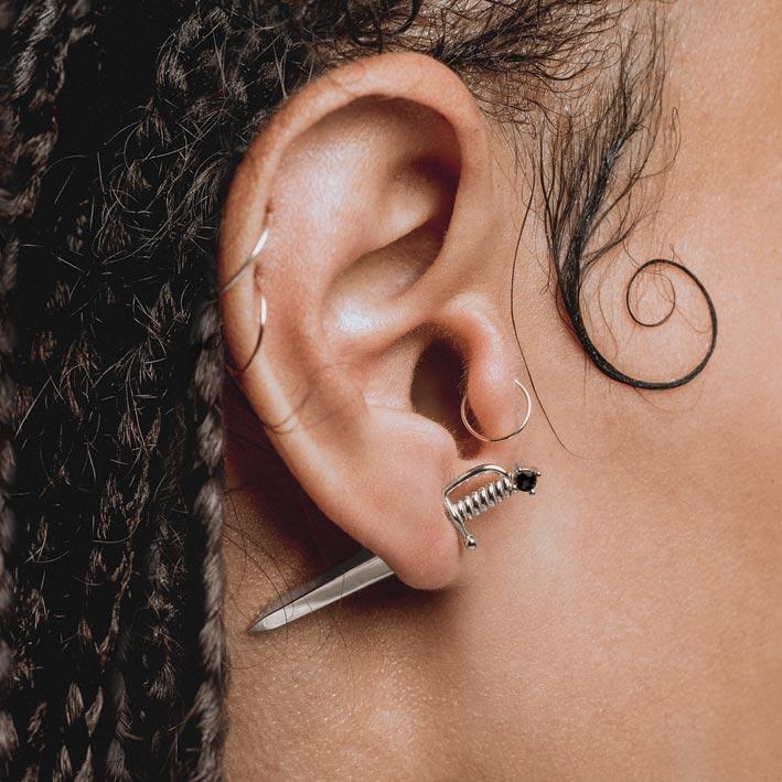 SALEM. Black Spinel Short Dagger Single Earring - Silver - Image 2