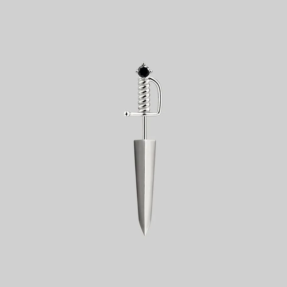 SALEM. Black Spinel Short Dagger Single Earring - Silver - Image 3