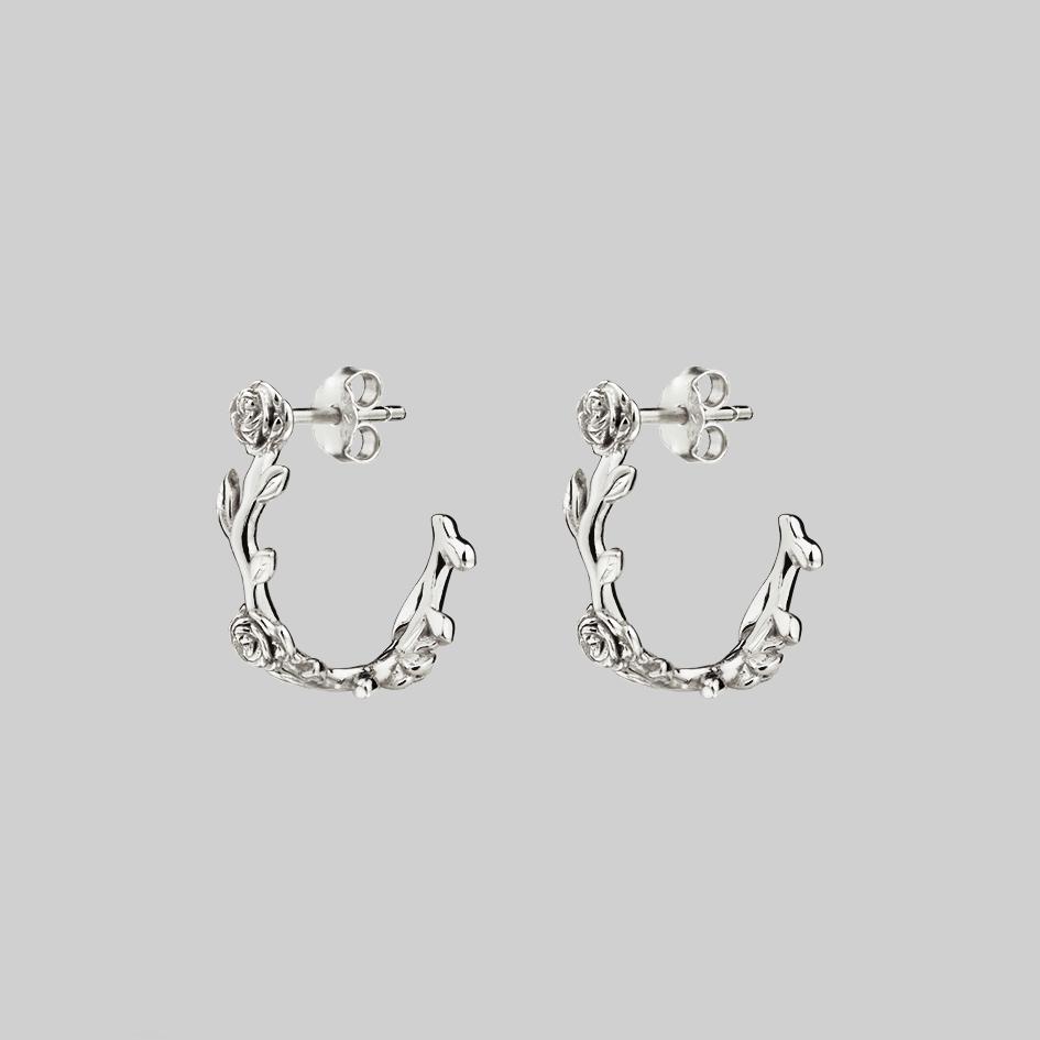 SARAH. Rose Foliage Hoops - Silver