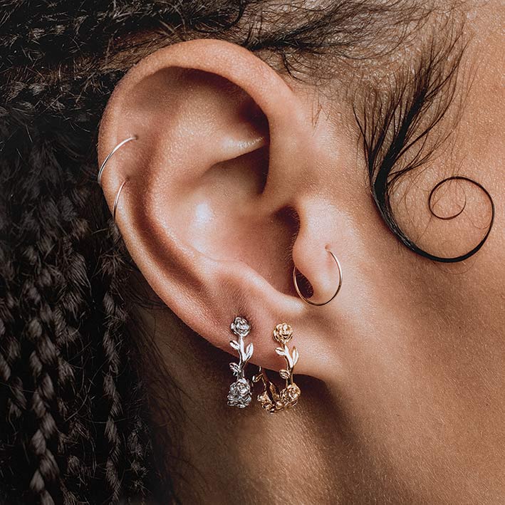 SARAH. Rose Foliage Hoops - Silver - Image 3