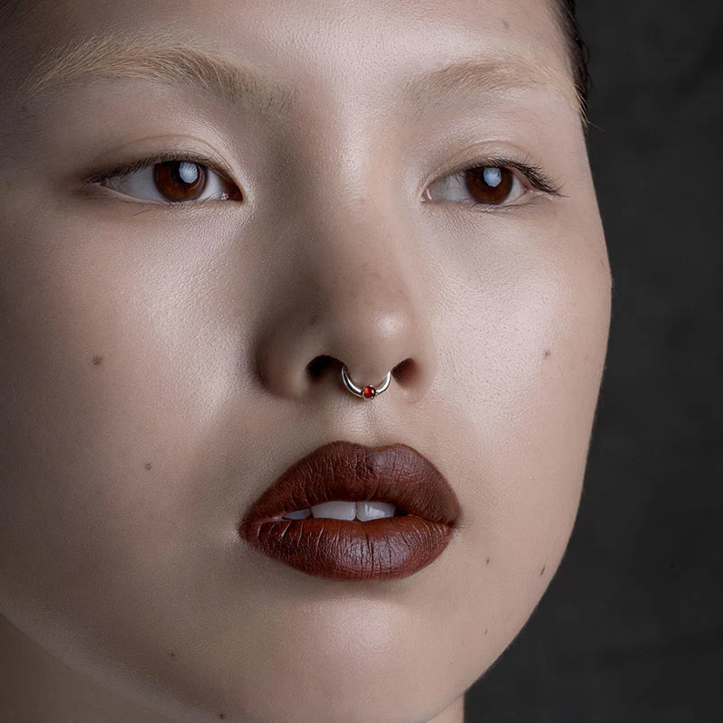 SERAPHINA. Garnet Septum Clicker Ring - Silver - Image 2