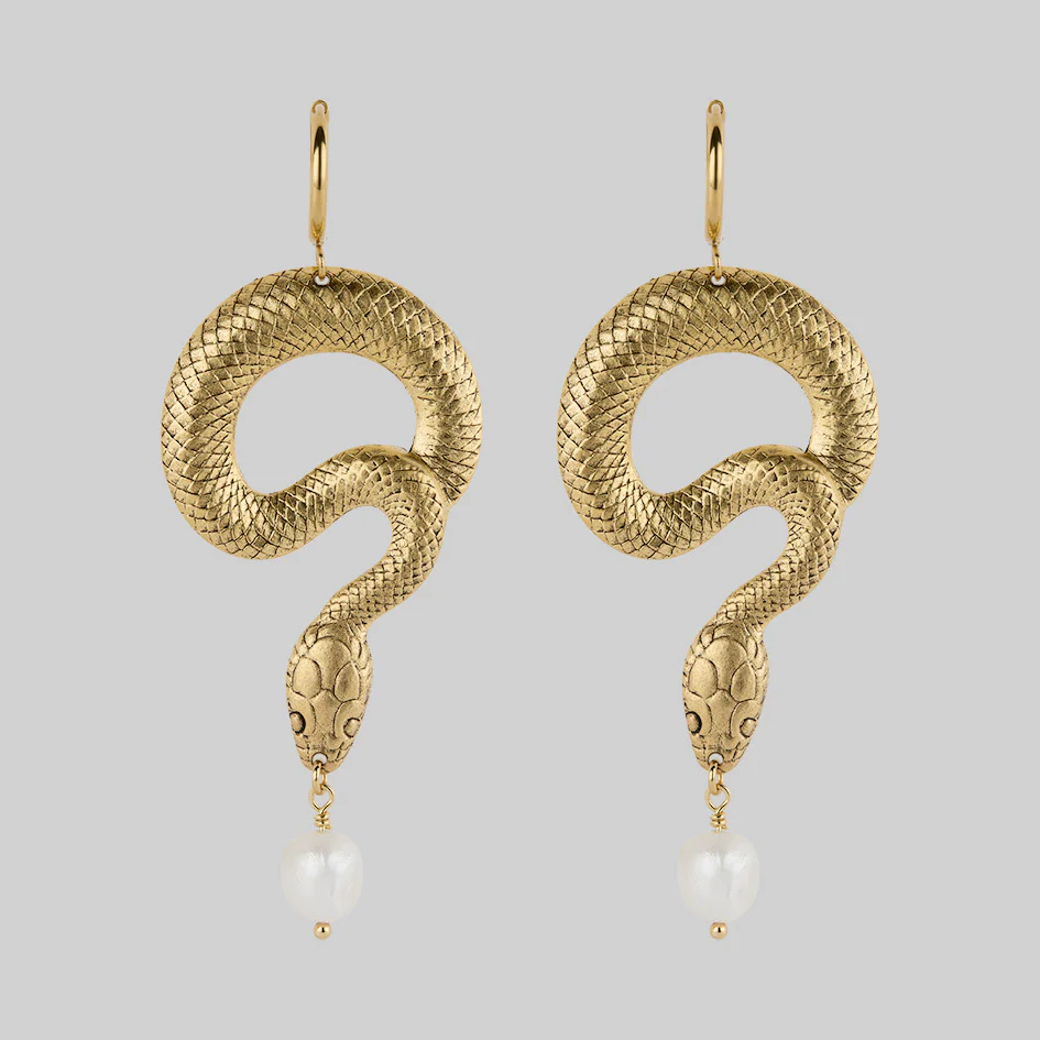 SERPENTINE. Sea Snake & Pearl Hoop Earrings - Gold - Image 2