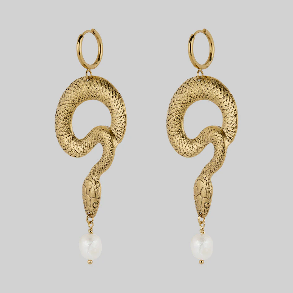 SERPENTINE. Sea Snake & Pearl Hoop Earrings - Gold - Image 3