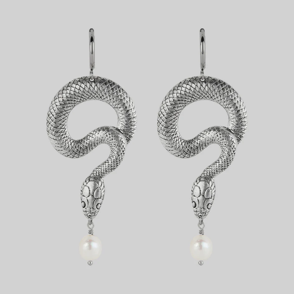 SERPENTINE. Sea Snake & Pearl Hoop Earrings - Silver