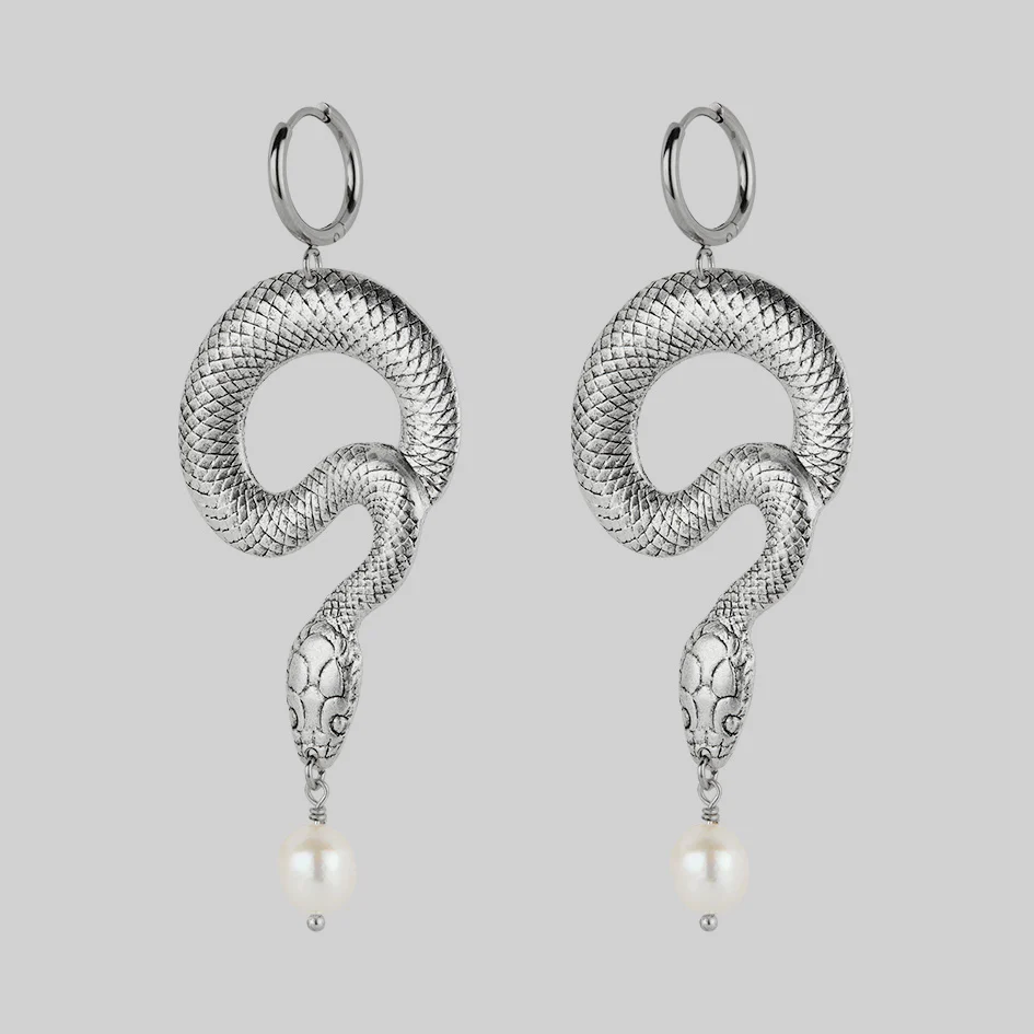 SERPENTINE. Sea Snake & Pearl Hoop Earrings - Silver - Image 3
