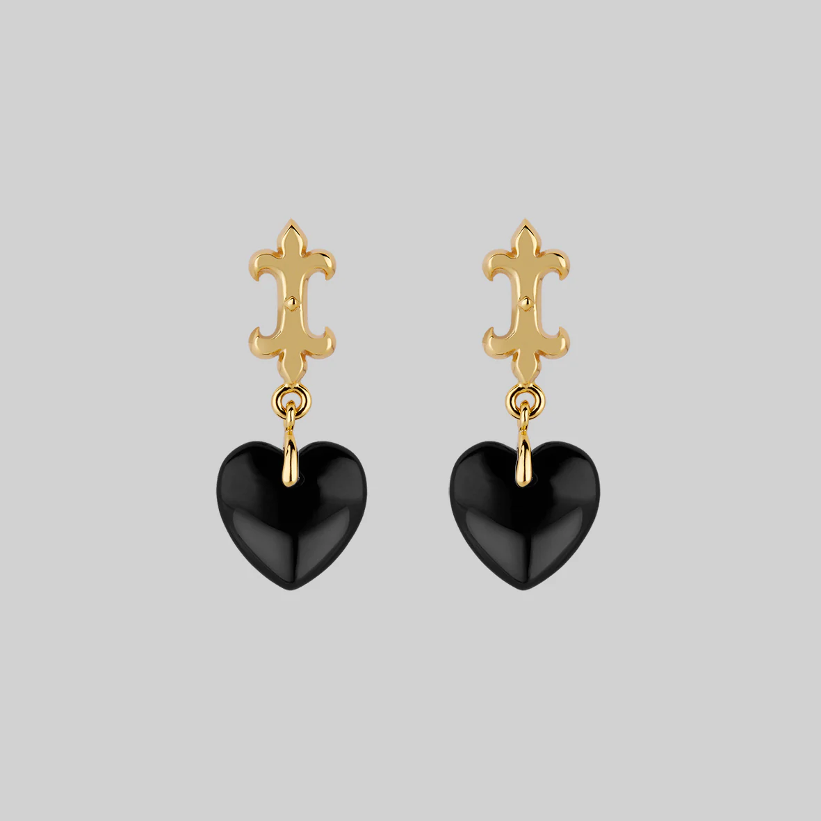 SHIELD. Medieval Black Glass Heart Drop Earrings - Gold - Image 2