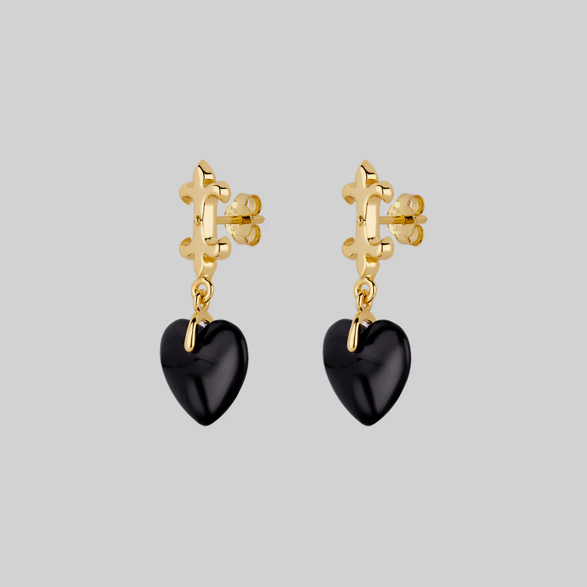 SHIELD. Medieval Black Glass Heart Drop Earrings - Gold - Image 3