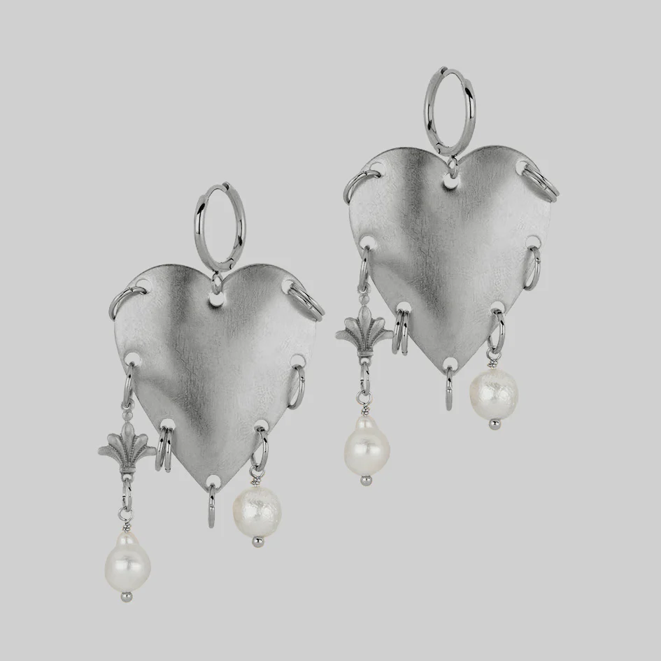 SLAIN. Pierced Heart & Pearl Hoop Earrings - Silver - Image 2