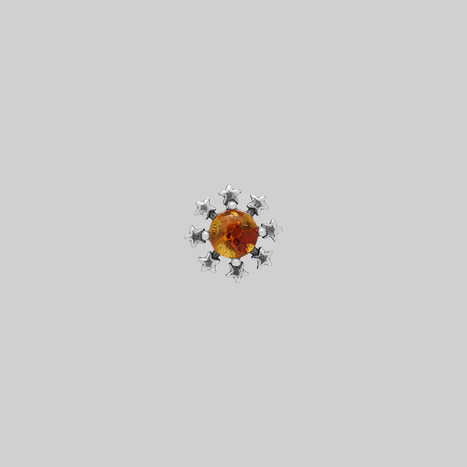 SOLARIS. Flaming Sun Amber Stud Earring - Silver