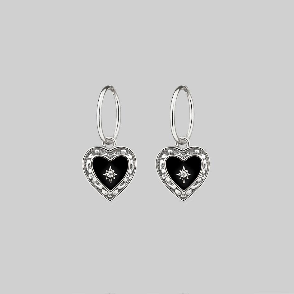 SOLEMN. Black Enamel Heart Hoop Earrings - Silver - Image 2