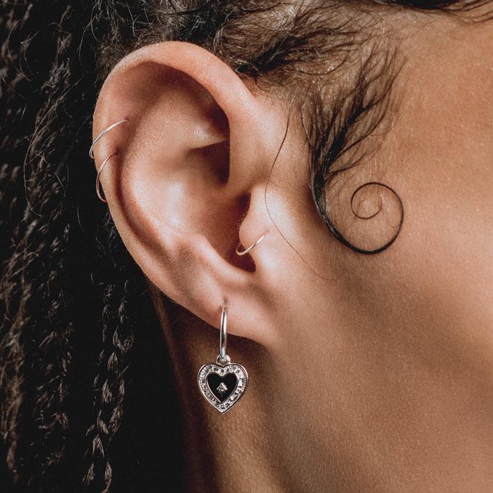 SOLEMN. Black Enamel Heart Hoop Earrings - Silver - Image 3
