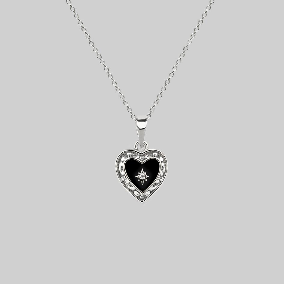 SOLEMN. Black Enamel Heart Necklace - Silver