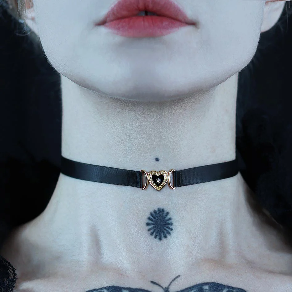 SOLEMN. Black Enamel Heart Satin Choker - Gold - Image 2